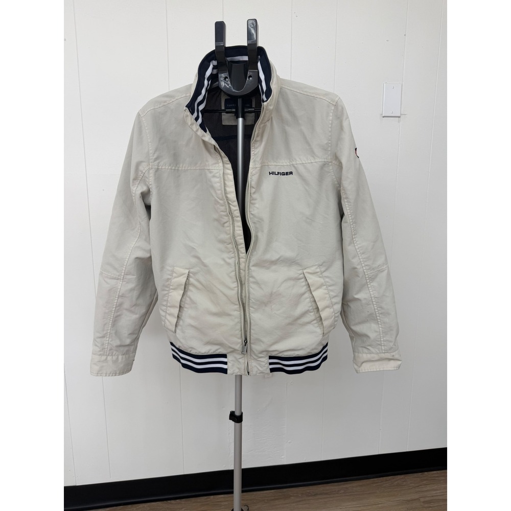 Tommy Hilfiger Yacht Jacket Mens M Beige Good Hooded Striped Trim Bomber